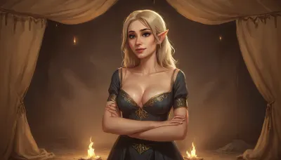 (one woman, yellow elf, mature 40 year old, golden hair, very small breasts), (standing inside enclosed medieval dark beige war tent), (wearing dark medieval ornamental dress, open cleavage pulled down exposings breasts with hands), close view above waist, (artwork, digital painting, fantasy art, loading screen art style), <lora:SDXLSamDoesArts:.1>, <lora:SumTim:.1>, <lora:Sinister_Style_SDXL:.1>
