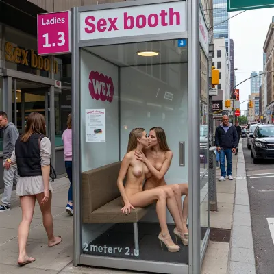 woman, (view from the outside of a sex service booth:1.3), (two beautiful lesbian women having sex in a women's sex service booth on a busy city sidewalk:1.3), (Lesbian women are inside of a 2 meter by 2 meter glass-walled booth designed for women to satisfy their sexual needs on demand with eachother:1.3), the sex service booth is located on the sidewalk of a busy city street, sign text Ladies sex booth, midday, full body view, sex service booth in full view, thin women, long legs, groping and kissing, mating press position, nude women wearing only high heel shoes, DD breasts, makeup, camera view from outside of the sex service booth looking through the glass to see women having sex inside of the sex service booth and other women walking by on the sidewalk outside of the sex service booth, zoomed out, inside the sex service booth there is only a sofa and the two lesbian women having sex