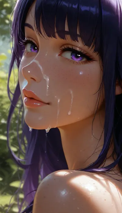Cum on face. Facial. Dripping cum., cum on shoulders . Cum on neck., (perfect detailed face), (perfect mouth), (perfect lips), ., (high realistic), one young beautiful girl, Raiden Shogun from Genshin Impact., natural pink lips., (side view:1.2), in a lush grassy field on a summer morning, looking at viewer, relaxed smile., freckles. Skin texture., Photorealistic, Hyper-detailed, 8k resolution, Sharp focus, Masterpiece, Extremely high fidelity, (extreme realism), (dappled light, dappled sunlight), Natural blemishes, freckles, moles, discolorations, Subsurface scattering, natural lips., <lora:MJ52:1.7>, <lora:dark:.8>, <lora:Jeweled eyes-NAI:1.8>, <lora:BUT_SDXL_SHS:1.8>, <lora:attractive_notrigger:1.7>