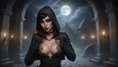 (serana from skyrim, pale skin, scandinavian, vampire, fangs, dark yellow eyes, detailed face, medium breasts, short black hair, blood on chin, biting lips), (exposed breasts, black medieval leather clothing, grey hood), (night, moon, medieval crypt), (hands behind back), front view, (artwork, digital painting, fantasy art, loading screen art style), ais-sinisterz, <lora:SDXLSamDoesArts:.1>, <lora:SumTim:.1>, <lora:Sinister_Style_SDXL:.1>
