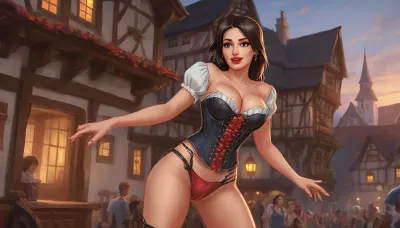(one woman, mature 50 year old, brunette, sensual smile, red lips, dancing sexy striptease), (wearing skimpy tavern corset pulled down exposing breasts), (medieval german town, half-timbered houses with white walls and black roofs, people in background, oktoberfest), evening, close side view, (artwork, digital painting, fantasy art, loading screen art style), <lora:LegendDarkFantasy-000001:.5>, <lora:SumTim:.1>, <lora:SDXLSamDoesArts:.1>