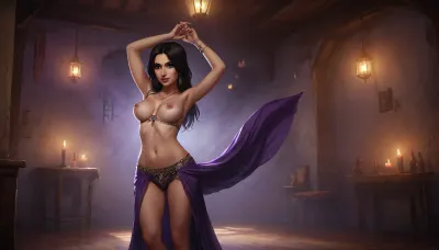 (one girl, dark hair, 30 year old, small breasts), (inside dark medieval brothel, purple accents, detailed background), (wearing skimpy medieval belly dancing outfit, topless, exposed breasts), (dancing striptease), dark ambience, dynamic angle, (artwork, digital painting, fantasy art, loading screen art style), <lora:SDXLSamDoesArts:.1>, <lora:SumTim:.1>, <lora:Sinister_Style_SDXL:.1>