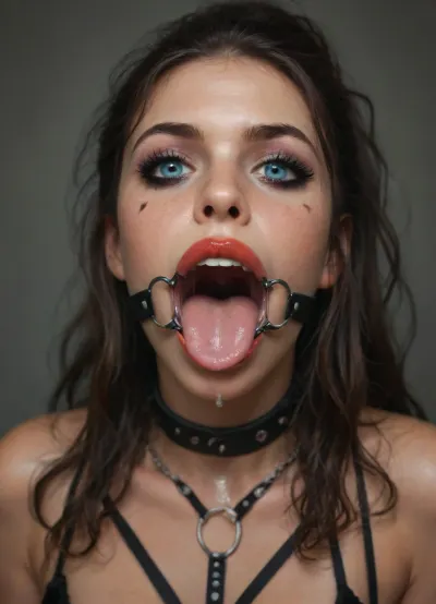30 years old, Tipical italian girl, view chest and face, perfect cute face, curly very long brown hair in ponytail, bright blue eyes, light freckles, bimbo lips, skin pores, smooth skin, (heavy goth makeup, eyeshadow, eyeliner, mascara, red lipstick), (slave collar), ((face harness gagged mouth:1.5)), ((drooling saliva from mouth, lot of saliva)), in a country apartment, chiaroscuro, style, dim, light, (mouth wide open:1.8), bright, blue, eyes, <lora:add-detail-xl:1.3>, <lora:polyhedron_chiaroscuro-000005:.8>, <lora:detailed_notrigger:1.2>, <lora:gagged-4e:.8>, <lora:bright_blue_eyes:1.6>