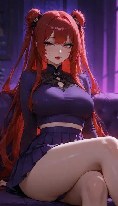 21 year old babe sitting on couch in silk goth costume with mandarin collar, flirty sultry slut, ((perfect symmetrical eyes)), dark red lipstick, blue eyeliner, purple pleated skirt crossed legs to show ass cheeks and hint of panties with futa penis bulge, (crossed legs), ((purple costume, purple room)), (((hypersaturated bright colors))), long lustrous hair, green, eyes, blue, brown, perfecteyes, <lora:PerfectEyesXL:2>