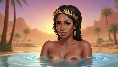 (one woman, mature 40 year old, nigerian, very dark tanned black skin, black medium hair, golden queen circlet, small breasts, naked), (bathing in big water pond, desert oasis, palms in background, evening), very close view, (artwork, digital painting, fantasy art, loading screen art style), <lora:LegendDarkFantasy-000001:.5>, <lora:SumTim:.1>, <lora:SDXLSamDoesArts:.1>