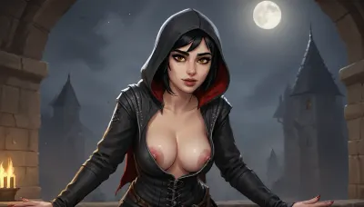 (serana from skyrim, pale skin, scandinavian, vampire, fangs, dark yellow eyes, detailed face, medium breasts, short black hair, blood on torso), (exposed breasts, black medieval leather clothing, grey hood), (night, moon, medieval crypt), (hands behind back), front view, (artwork, digital painting, fantasy art, loading screen art style), downblouse, nipslip, <lora:SDXLSamDoesArts:.1>, <lora:SumTim:.1>, <lora:RealDownblouseXL2:.1>