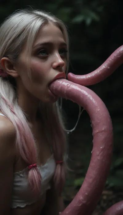 (maximum details:1.5), extreme closeup on tentacles entering a girl's mouth and keep moving inside her, keep on moving, further and further inside the girl, very cute obedient 18 yo petite girl, white hair in pigtails, in dark thick woods at night, ((bright pink seamless tentacles with pointy ends gang bang the girl:1.6)), ((oral penetration:1.9)), ((excess cum:1.5)), thick saliva threads, long white hair, extra cute, extremely pretty, bright blue eyes, cute round face and gorgeous face structure, gorgeous model face, ((wet hair)), (cinematic masterpiece), naughty aesthetic, insatiable beauty, <lora:dark:1>