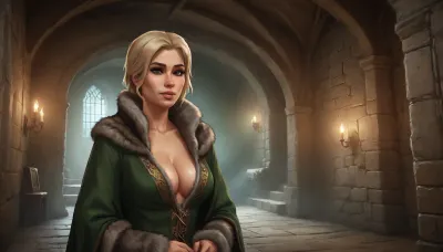 (one woman, Betrid from Skyrim, 50 year old, scandinavian, blonde medium hair, small breasts, serious face expression), (inside rich elegant medieval stone house, silver stone walls), (wearing brown fur shawl and noble ornamental green coat spread open wide exposing breasts), view above waist, silver atmosphere, (artwork, digital painting, fantasy art, loading screen art style), <lora:SDXLSamDoesArts:.1>, <lora:SumTim:.1>, <lora:Sinister_Style_SDXL:.1>