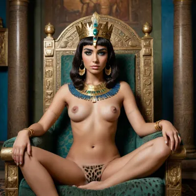 Cleopatra, the Egyptian queen, sits on a luxurious throne, completely naked, wearing only a crown, with a leopard at her feet, green, eyes, blue, brown, perfecteyes, <lora:PerfectEyesXL:.8>