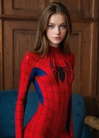 skinny, 18 years old, (spider man girl), shaved pussy, small tits, a tight‑fitting suit, model face, blue eyes, arousing appearance