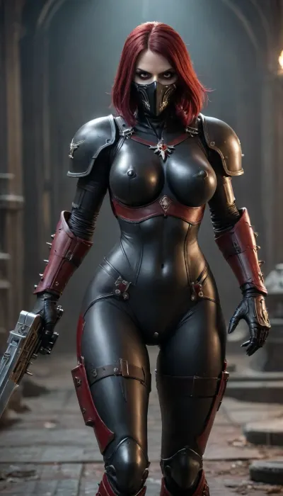 Wh40k, Officio Assassinorum, black latex full Suit armor, full latex mask, assassin force swords in arms, ((huge breasts:1.2)), <lora:Assassinorum-000009:2>