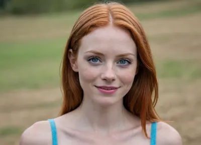 21yo adult woman, (distinctive individual face:1.4), (unconventional natural beauty:1.35), (innocent rural/outdoorsy yet playful confident feminine presence:1.6), youthful adult, (never childlike:1.5), oval face, (slightly broader upper face:1.45), (tall facial proportions:1.2), (broad upper cheeks:1.4), (strong prominent wide cheekbones:1.65), soft feminine jaw, (gently narrowing lower face:1.15), (rounded chin:1.1), (subtle natural asymmetry:1.3), (high forehead:1.2), (large expressive pale blue/blue-grey eyes:1.5), (soft oval almond eyes:1.3), (avg eye spacing:1.2), clear irises, (dark limbal ring:1.25), (natural long lashes:1.2), (curious playful gaze:1.45), (natural medium-full red-brown brows:1.2), (large distinctive feminine nose:1.55), (relatively long nose:1.35), (straight-gently convex bridge:1.3), (subtle dorsal hump:1.55), (characteristic rounded tip:1.35), (natural nose width:1.15), (wide distinctive mouth:1.75), (broad mouth width:1.5), (very thin delicate upper lip:1.3), (noticeably fuller lower lip:1.55), (strong upper/lower lip contrast:1.5), (natural pink lips:1.15), (playful curious slightly mischievous expression:1.6), (bright genuine smile:1.55), (upper teeth visible:1.45), (subtle dimples:1.1), very fair skin, (soft warm rosy undertone:1.25), (healthy soft skin:1.2), (realistic pores/texture:1.3), (subtle redness:1.15), (sparse freckles only around nose:1.3), (minimal cheek freckles:1.1), (one distinctive dark beauty mark beneath one eye:1.6), (long natural ginger-red hair:1.45), (multidimensional copper/strawberry-red tones:1.3), natural volume, slightly messy, (fine strands/flyaways:1.2), (unconventional countryside femininity:1.35), (playful confident temperament:1.45), (warm mischievous energy:1.35), (curious cheeky personality:1.4), 175cm, (natural hourglass figure:1.25), defined waist, (broad hips:1.25), (long legs:1.3), (natural hip dips:1.15), (realistic anatomy:1.2), photorealistic, natural daylight, realistic skin/hair, detailed eyes, (authentic photographic texture:1.15), 7. portrait from slightly below eye level, subtle upward perspective, (confident presence:1.2)