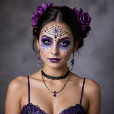 The person has striking makeup, characteristic of Dia de los Muertos, (Day of the Dead), celebrations. Her face is adorned with intricate designs, including a large, scalloped pattern around her eyes in purple and black, with glitter accents. A stylized spiderweb is painted on her forehead, with a small, clear gem embedded in its center. Her nose is blackened, and black lines extend from the corners of her mouth, resembling stitches, giving the appearance of a stitched smile. Her lips are painted a vibrant, glossy purple with shimmering highlights. Delicate black swirls and floral motifs are drawn on her cheeks and chin. She has warm brown eyes that gaze directly at the viewer, and her expression is neutral, conveying a sense of stillness. A large, multi-layered fabric flower, primarily in shades of blue and white, is attached to her hair on the left side of her head. She is wearing a thin, delicate gold chain necklace. Her shoulders and upper chest are visible, and her skin has a warm tone. Her dark hair is loose and falls around her shoulders. The background is uniformly black, emphasizing the person and her elaborate makeup.