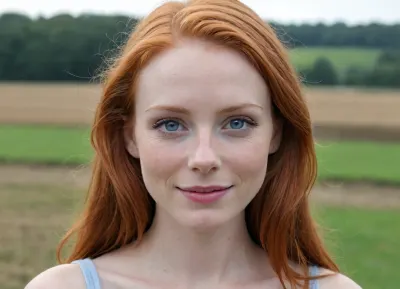 21yo adult woman, (distinctive individual face:1.4), (unconventional natural beauty:1.35), (innocent rural/outdoorsy yet playful confident feminine presence:1.6), youthful adult, (never childlike:1.5), oval face, (slightly broader upper face:1.45), (tall facial proportions:1.2), (broad upper cheeks:1.4), (strong prominent wide cheekbones:1.65), soft feminine jaw, (gently narrowing lower face:1.15), (rounded chin:1.1), (subtle natural asymmetry:1.3), (high forehead:1.2), (large expressive pale blue/blue-grey eyes:1.5), (soft oval almond eyes:1.3), (avg eye spacing:1.2), clear irises, (dark limbal ring:1.25), (natural long lashes:1.2), (curious playful gaze:1.45), (natural medium-full red-brown brows:1.2), (large distinctive feminine nose:1.55), (relatively long nose:1.35), (straight-gently convex bridge:1.3), (subtle dorsal hump:1.55), (characteristic rounded tip:1.35), (natural nose width:1.15), (wide distinctive mouth:1.75), (broad mouth width:1.5), (very thin delicate upper lip:1.3), (noticeably fuller lower lip:1.55), (strong upper/lower lip contrast:1.5), (natural pink lips:1.15), (playful curious slightly mischievous expression:1.6), (bright genuine smile:1.55), (upper teeth visible:1.45), (subtle dimples:1.1), very fair skin, (soft warm rosy undertone:1.25), (healthy soft skin:1.2), (realistic pores/texture:1.3), (subtle redness:1.15), (sparse freckles only around nose:1.3), (minimal cheek freckles:1.1), (one distinctive dark beauty mark beneath one eye:1.6), (long natural ginger-red hair:1.45), (multidimensional copper/strawberry-red tones:1.3), natural volume, slightly messy, (fine strands/flyaways:1.2), (unconventional countryside femininity:1.35), (playful confident temperament:1.45), (warm mischievous energy:1.35), (curious cheeky personality:1.4), 175cm, (natural hourglass figure:1.25), defined waist, (broad hips:1.25), (long legs:1.3), (natural hip dips:1.15), (realistic anatomy:1.2), photorealistic, natural daylight, realistic skin/hair, detailed eyes, (authentic photographic texture:1.15)