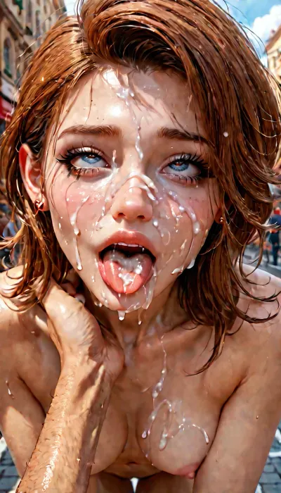 A beautiful girl shows her face covered in semen. vulgar face. ohegao. stuck out her tongue. mascara is running. a lot of semen on the face. bukkake. crossed eyes. a street full of pleasure. Russian. naked. a man’s hand is holding the girl by the neck.