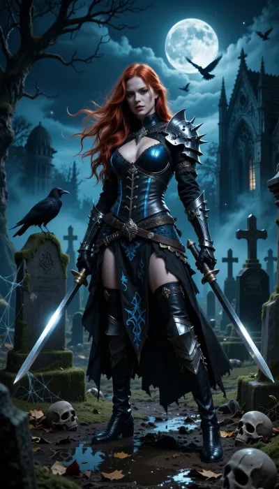 A red-haired gothic warrior woman standing in the center of a dark cemetery at night, long flowing vibrant red hair blowing in the wind, pale skin, intense dark eyes, wearing a detailed black and petrol blue gothic armor, spiked shoulder pauldrons, dark leather corset with blue stitching and metallic details, tattered long skirt with blue embroidery, black leather pants and boots, dual-wielding two long silver short swords pointing down, dramatic powerful stance, full body shot

Background, vast gothic cemetery with mossy tombstones, gothic ruined cathedral, mausoleums with crosses, dense blue fog and mist, full moon bright in cloudy night sky, ravens flying across the moon, two ravens perched on tombstones behind her, cobwebs, scattered human skulls on wet muddy ground, dead leaves, dark twisted bare trees, cinematic volumetric moonlight, blue-teal and black color palette, Style, dark fantasy gothic, ultra detailed, intricate armor details, photorealistic, dark moody atmosphere, highly detailed, sharp focus, 8k, dramatic rim lighting from moon, cold color grading petrol blue and black, epic fantasy illustration