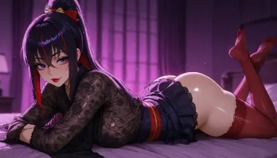 Melkor mancin meet markgavatino style, (((beautiful bright purple big anime eyes))), Asian Filipina slut wife wants to fuck you, Dark eyeliner, lashes, Purple eyeliner, red lipstick, 25 years old cutie, muscular toned fit girlfriend, (short petite height), ((purple background, lurid neon blurry background, lounge bed)), black slick hair in high ponytail with bright red highlights, warm strong lighting, ((prone sexy posing)), ((lace embroidered kimono with miniskirt)), red garter stockings