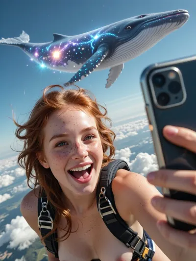 An award-winning professional photograph — an ultra-realistic selfie. A cheerful, laughing girl with tousled red hair and cute freckles is taking a selfie, holding her smartphone with one hand in front of her from above whilst skydiving in mid-air. Her face reflects delight and genuine happiness, her eyes wide with excitement. Against a backdrop of soft white clouds behind her, a gigantic, majestic, glowing cosmic whale glides across the sky, creating a whimsical, surreal scene. The focus is sharply centred on her face, her micro-expressions are captured perfectly, and the wind has created a barely noticeable motion blur. Ultra-detailed skin texture, strands of hair blowing in the wind, realistic sun glare, dynamic lighting – a masterpiece, high resolution., (cinematic composition.)