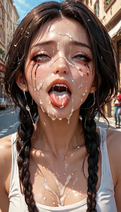 A beautiful Asian girl shows her face covered in semen. vulgar face. ohegao. stuck out her tongue. mascara ran. lots of semen on the face. bukkake. slanted eyes. a street full of pleasure.