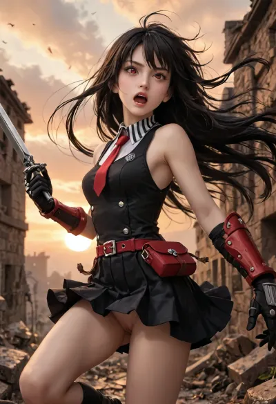 Akame, Akame ga Kill series, 36 years old, adult woman, very long hair, black hair, glowing red eyes, warry face, yelling, light skin, slim athletic build, black sleeveless pleated mini-dress, white striped collar, red necktie, red belt, red side pouch tied to belt, long red armored gauntlets, black gloves, running at full speed, falling forward, holding long shiny silver sword, wind in hair, wind in clothes, skirt lifted up, shaved pussy exposed, thigh gap, very low angle, side view, ruins, battlefield, floating particles, at sunset, orange sky