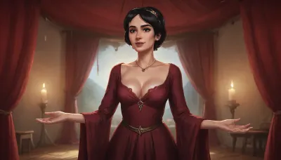(one woman, french, 40 year old, black short hair, small breasts, head circlet, sensual smile), (standing inside enclosed medieval brown war tent), (wearing burgundy medieval dress, open cleavage pulled down exposings breasts with hands), close view above waist, (artwork, digital painting, fantasy art, loading screen art style), <lora:SDXLSamDoesArts:.1>, <lora:SumTim:.1>, <lora:Sinister_Style_SDXL:.1>