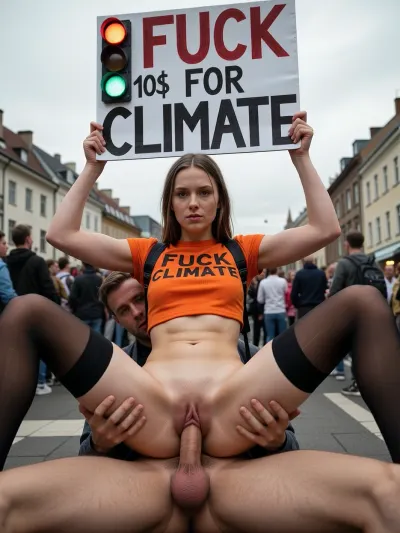 A woman, wearing an orange crop top with "FUCK CLIMATE" written on it and black thigh-high stockings, straddles another person, her legs spread wide, revealing her genitalia. She holds a protest sign above her head that reads "FUCK FOR CLIMATE" with "10 $" on the left side, featuring illuminated letters and a traffic light. Her expression is serious and direct, looking towards the viewer.
Men with erect penis behind and aside her.
The scene is set outdoors on a paved street, with a crowd of people, suggesting a protest or public gathering. Buildings line the street in the distance under an overcast sky.

The lighting is natural daylight, slightly diffused, creating soft shadows and even illumination on the subjects.

The shot is a medium close-up, focusing on the woman and the person she is straddling, with a shallow depth of field that blurs the background crowd. The composition is bold and confrontational, emphasizing the central figures and their actions.

The style is photorealistic, with a raw and unfiltered mood, capturing a moment of activism and sexual expression.

High-resolution photograph, sharp focus on the foreground subjects, natural color grading, detailed skin textures, 35mm lens, f/2.8 aperture.