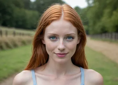 21yo adult woman, (distinctive individual face:1.4), (unconventional natural beauty:1.35), (innocent rural/outdoorsy yet playful confident feminine presence:1.6), youthful adult, (never childlike:1.5), oval face, (slightly broader upper face:1.45), (tall facial proportions:1.2), (broad upper cheeks:1.4), (strong prominent wide cheekbones:1.65), soft feminine jaw, (gently narrowing lower face:1.15), (rounded chin:1.1), (subtle natural asymmetry:1.3), (high forehead:1.2), (large expressive pale blue/blue-grey eyes:1.5), (soft oval almond eyes:1.3), (avg eye spacing:1.2), clear irises, (dark limbal ring:1.25), (natural long lashes:1.2), (curious playful gaze:1.45), (natural medium-full red-brown brows:1.2), (large distinctive feminine nose:1.55), (relatively long nose:1.35), (straight-gently convex bridge:1.3), (subtle dorsal hump:1.55), (characteristic rounded tip:1.35), (natural nose width:1.15), (wide distinctive mouth:1.75), (broad mouth width:1.5), (very thin delicate upper lip:1.3), (noticeably fuller lower lip:1.55), (strong upper/lower lip contrast:1.5), (natural pink lips:1.15), (playful curious slightly mischievous expression:1.6), (bright genuine smile:1.55), (upper teeth visible:1.45), (subtle dimples:1.1), very fair skin, (soft warm rosy undertone:1.25), (healthy soft skin:1.2), (realistic pores/texture:1.3), (subtle redness:1.15), (sparse freckles only around nose:1.3), (minimal cheek freckles:1.1), (one distinctive dark beauty mark beneath one eye:1.6), (long natural ginger-red hair:1.45), (multidimensional copper/strawberry-red tones:1.3), natural volume, slightly messy, (fine strands/flyaways:1.2), (unconventional countryside femininity:1.35), (playful confident temperament:1.45), (warm mischievous energy:1.35), (curious cheeky personality:1.4), 175cm, (natural hourglass figure:1.25), defined waist, (broad hips:1.25), (long legs:1.3), (natural hip dips:1.15), (realistic anatomy:1.2), photorealistic, natural daylight, realistic skin/hair, detailed eyes, (authentic photographic texture:1.15), intimate head-and-shoulders portrait, slight side angle, face turned back toward camera, (natural lens perspective:1.25)