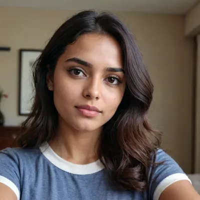 young indian woman with, Dark, shoulder-length hair, naturally wavy with some strands falling around her face.
Large, dark eyes and defined eyebrows.
A rounded/oval face with a soft jawline and full lips.
A calm, neutral expression as she looks directly toward the camera.
She’s wearing a dark blue top with light-colored trim around the neckline and sleeves.
The photo is a close-up selfie, taken indoors, with relatively dim lighting that leaves parts of her hair and clothing in shadow.
