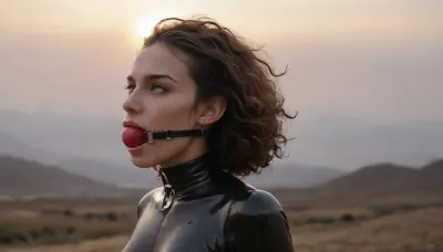 4K UHD, realistic masterpiece, maximum quality, maximum details, maximum realism, high resolution, one female, dutch landscape with dutch windmills, ((she wears black latex catsuit bdsm)), she wears black bdsm cat mask, (Perfect face), long curly black hair, ((ball-gag)), perfect hands, (((A dynamic action shot of a focused woman guiding a white horse forward with quiet authority through a dusty trail during sunset, dramatic side lighting, high detail, photorealistic))), ((horse)), uncovered boobs, big hips, ((BDSM collar)), small perky breasts, saggy boobs, puffy nipples, nipple piercings, clear cutout, clothing, gag, <lora:Saggo_XL:1.5>, <lora:2BoutOvalSDXL2-000002:.5>, <lora:gagged-4e:1.2>, <lora:Kandyland:1.1>, RiHorse, view_distance_5_meters, front_view, half_front_view, side_view, galloping, <lora:RideHorse.0.9:.8>