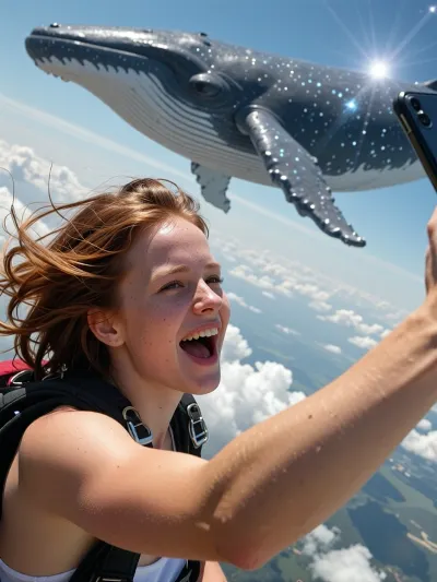 An award-winning professional photograph — an ultra-realistic selfie. A cheerful, laughing girl with tousled red hair and cute freckles is taking a selfie, holding her smartphone with one hand in front of her from above whilst skydiving in mid-air. Her face reflects delight and genuine happiness, her eyes wide with excitement. Against a backdrop of soft white clouds behind her, a gigantic, majestic, glowing cosmic whale glides across the sky, creating a whimsical, surreal scene. The focus is sharply centred on her face, her micro-expressions are captured perfectly, and the wind has created a barely noticeable motion blur. Ultra-detailed skin texture, strands of hair blowing in the wind, realistic sun glare, dynamic lighting – a masterpiece, high resolution., (cinematic composition.)