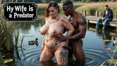 Highly realistic photo, fine details, 4K, 8K, (A 52-year-old enormous fat woman:2.8), hotwife, Her skin is that of a 46-year-old woman. The old lady has brunette hair with copper highlights, (very sagging breasts:1.8), ((very detailed skin)), very messy punk style hair cut, she has a tribal tattoo on her cleavage, she has a tattoo above her pussy looks like a spades from a poker deck, she has has a huge tattoo on her hips looks like a jellyfish. At the edge of a pond where there are reeds, a woman has waded into the water up to her thighs. She is naked, horny, with sagging breasts, enormous wide hips, huge buttocks, thick legs, huge sweaty love handles, huge mom belly. a 21-year-old very muscular black man is holding her tight, he is very horny, his huge cock is erected and dripping cum, he grabs her by the waist, he squeezes her soft flesh, She is holding his cock and puts it in her ass. The old woman is delighted to still be able to excite this young man at her age. There is a wooden jetty in the background, a lonely man is sitting on it an watching the couple in deep dispair, Cuckold. Here and there, a few mallards swim in the pond. Photorealistic, 8k resolution, Unreal Engine 5 render style, breathtaking scale, intricate mechanical textures, Generate a big text box in the upper left corner, "My Wife is a Predator"