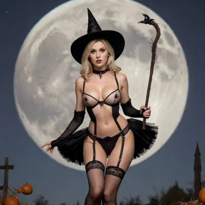 beautiful sexy slender 30 year old blond model is flying, riding on a witch broom with the moon behind her. She is only wearing a black spider garter belt and stockings and a black witch’ het. Her perfect nude breasts glistening in the moon’s light.