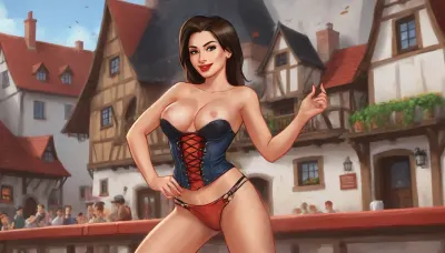 (one woman, mature 50 year old, brunette, sensual smile, red lips, dancing sexy striptease), (wearing skimpy tavern corset pulled down exposing breasts), (medieval german town, half-timbered houses with white walls and black roofs, people in background, oktoberfest), daytime, close side view, (artwork, digital painting, fantasy art, loading screen art style), <lora:LegendDarkFantasy-000001:.5>, <lora:SumTim:.1>, <lora:SDXLSamDoesArts:.1>, <lora:shirtspreadv10_SDXL:.8>