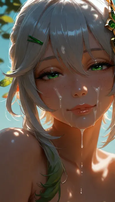 1girl, NAHIDA from Genshin Impact, hairclip, sidelocks tied back, solo, smiling, abstract background, aqua background, lips, looking at viewer, seductive, half-closed eyes, cum dripping from side of her mouth, cum on face, Photorealistic, Hyper-detailed, 8k resolution, Sharp focus, Masterpiece, Extremely high fidelity, (perfect detailed face), (high realistic), (extreme realism), (dappled light, dappled sunlight), Natural blemishes, freckles, moles, discolorations, Subsurface scattering, ., <lora:MJ52:1.5>, <lora:BUT_SDXL_SHS:1.2>, <lora:Jeweled eyes-NAI:1.9>, <lora:attractive_notrigger:1.4>, <lora:dark:.9>