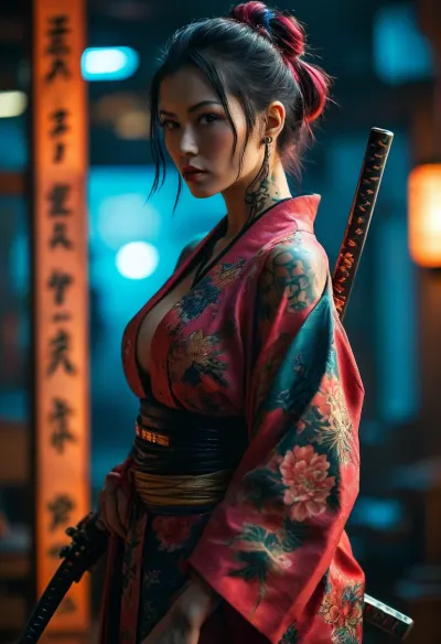 Cyberpunk samurai, open kimono, cleavage, large breasts, vibrant tattoos, katanas, <lora:MJ52:.8>