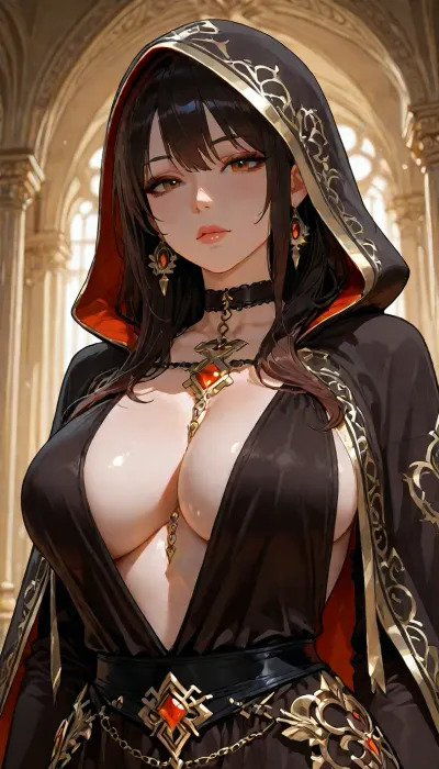 A beautiful young woman, approximately 20 years old, pale skin, warm amber-brown eyes, full lips, soft feminine facial features, long dark black hair with layered framing strands and windswept volume. She wears a dark hooded cloak over elegant black fantasy robes and intricate occult jewelry. A black choker circles her neck, and two ornate silver talismans hang from delicate chains across her busty chest. Her expression is calm, intelligent, mysterious, and slightly intimidating. She possesses the presence of a powerful necromancer and scholar of forbidden magic. Big visible cleavage. Cinematic dark fantasy aesthetic, realistic proportions, highly detailed skin, natural facial features, realistic eyes, subtle makeup., <lora:add-detail-xl:1.2>, <lora:attractive_notrigger:1.2>, <lora:detailed_notrigger:1.2>, <lora:LCMTurboMix_Euler_A_fix:1.2>