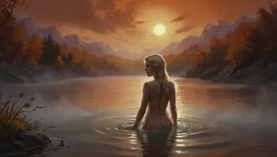(Vex from Skyrim, naked, mature 35 year old, scandinavian, long blonde hair, very small breasts, skinny body), (bathing pose in a big lake, hands behind head, watery body, breasts not visible, autumn, orange sunset), (close back view above waist, looking away face not visible), (artwork, digital painting, fantasy art, loading screen art style), <lora:SumTim:.1>, <lora:J_cartoon:.1>, <lora:Sinister_Style_SDXL:.1>, <lora:EnvyAnimeDigitalPaintingXL01:.1>