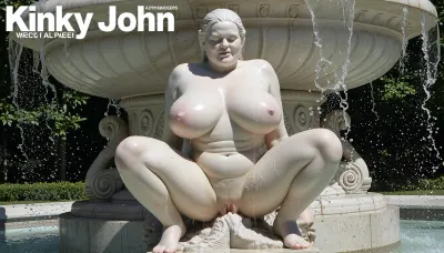 (((drawing sketch))), Magazine, "Kinky John" A large, ornate marble fountain is the centerpiece of a modern, sunlit central park. The fountain's design is a shocking and explicit tableau of a massive, voluptuous woman. This statue is carved from pristine white marble, Her body is glistening with a thick sheen of sweat, her massive, heavy breasts rising and falling with her heavy breathing. The chubby fat woman throes of ecstasy, looking down, her mouth closed, smiling, squating, whole body shot, The water splashes and cascades, creating a dynamic and audacious display.`

angle is a low shot, capturing the entire shocking structure. The lighting is bright daylight, casting sharp reflections on the wet marble and the splashing water, contrasting the classical beauty of the sculpture with its raw, transgressive subject matter.`