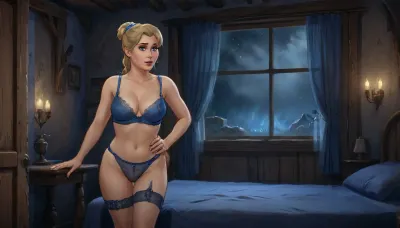 (one woman, Haelga from Skyrim, mature 50 year old, scandinavian, blonde medium hair with ponytail, medium breasts, curvy body, seductive smirk), (wearing blue lace lingerie, garter belt, fishnet stockings), (inside medieval wooden bedroom, window behind bed, night), (standing, sexy provocative pose, hands behind head or on hips), close view, (artwork, digital painting, fantasy art, loading screen art style), <lora:SumTim:.1>, <lora:J_cartoon:.2>, <lora:Sinister_Style_SDXL:.1>