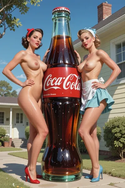 2 women, 8K, ultra, 1950s housewives, 1950s, sexy pinup art, painting, illustration, 2lesbians, (topless:1.3), vintage soft drink advertisement Coca Cola, standing by a giant bottle Coca Cola of the soft drink that is taller than the mode, she is sweaty