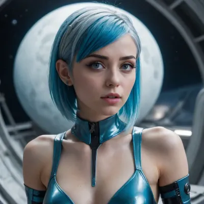 masterpiece, ultrarealistic, epic details, 8k, uhd, cute, 24yo mid alien girl, sexy, blue hairs, futuristic haircut, (unseen face), see-through latex outfit, noze piercing, tall, upset face, on moon, spaceship background