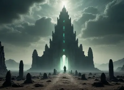 An abandoned temple in the desert, shrouded in fog and darkness, with cracks on the walls and glowing runes. In the center of the temple, a magical ritual is performed involving a black-robed figure holding a crystal with pulsing energy. The temple is surrounded by a dead desert of ancient machinery and half-buried statues. In the background, you can see the silhouettes of huge ruined towers, and the sky is covered with ominous greenish clouds. Ghostly dragons or spirits hover in the air, lighting up the scene with a cold glow. Cinematic lighting, high detail, dark fantasy aesthetics, symbolism of destruction and magic.