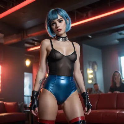 masterpiece, 35mm shoot, ultrarealistic, epic details, 8k, uhd, cute, 24yo, sexy, blue hairs, modern haircut, (unseen face), realistic body, black eyes, red and black undies, long black boots, silver collar, tall, upset face, nightclub