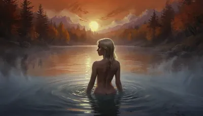 (Vex from Skyrim, naked, mature 30 year old, scandinavian, long blonde hair, very small breasts, skinny body), (bathing pose in a big lake, hands behind head, watery body, breasts not visible, autumn, orange sunset), (close back view above waist, looking away face not visible), (artwork, digital painting, fantasy art, loading screen art style), <lora:SumTim:.1>, <lora:J_cartoon:.1>, <lora:Sinister_Style_SDXL:.1>, <lora:EnvyAnimeDigitalPaintingXL01:.1>