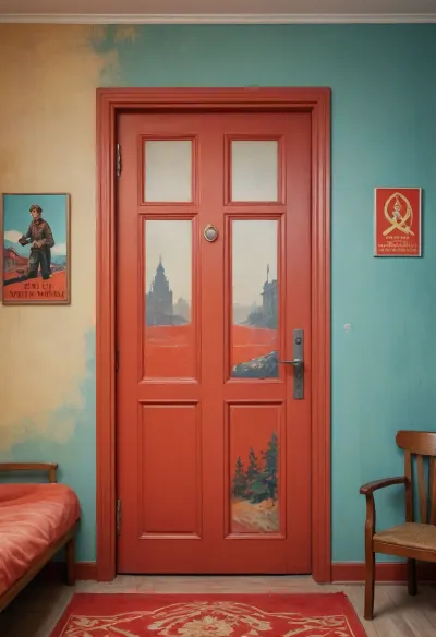 ((soviet propaganda poster style, bright solid colors, minimal detail, no color gradient, old anime style, low details)), (saturated bright colors, high definition image, high contrast colors), in aesthetic of old soviet movie poster.

The wall of the room, wallpapered in Soviet style, a simple single-leaf door, a simple interior of a poorly furnished flat in five-storey apartment block, only one door in image, (door is open), alien world just behind the door, fantasy landscape outside the door