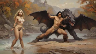 masterpiece, best quality, highly detailed, in a Fantasy-Art forest, water, waterfall, an old Castle in the far Background, (((a gorgeous, blond, 35 years old tribal girl, barefoot, with wavey dirty blond hair, wavey hair, medium long hair, dirty blond hair, really tanned skin, topless, small bell shaped boobs, natural A-cup boobs, slender long legs, wearing a tooth necklace, large gold diamond-shaped earrings, long tribal loincloth, in oil paintings, Fantasy Art))), (dirty blond hair:1.1), athletic body, natural A-cup boobs, (long tribal loincloth), long tribal loincloth, ((small waist, small tight ass, small tight hips)), (brown eyes), (natural A cup boobs), ((beautiful slender long legs)), tribal markings and tattoos on her body, ((a 35 years old tribal male Barbarian with long black hair is wearing a tooth necklace, Boots, and tribal loincloth, he has a Conan-style like, big Sword in his right hand, fighting a winged big black Dragon, to protect the girl)), ((1 black haired Barbariana, and 1 blond tribal girl, in this Fantasy scenario)), ((Fantasy Art, oil paintings)), winged black Dragon, (((dynamic action pose:1.8))), ((dynamic view:1.8)), ((big Sword:1.2)), Sword, good hands, perfect fingers, extremely high detailed, (best shadow), 8K, UHD, (cinematic lighting), perfect face, very detailed nose, sexy, (highly detailed lips:1.18), (highly detailed eyes:1.18), ((beautiful eyes)), fine details, slim, athletic, gymnast body, glimpse pussy showing RAR, oil paintings, Art, by, Boris, Vallejo, Style, fr4z3tt4, oil, painting, greg, rutkowski, <lora:Fantasy_art_XL_V1:2>, <lora:fr4z3tt4:1.4>, <lora:ClassipeintXL2.1:.4>, <lora:greg_rutkowski_xl_2:1>