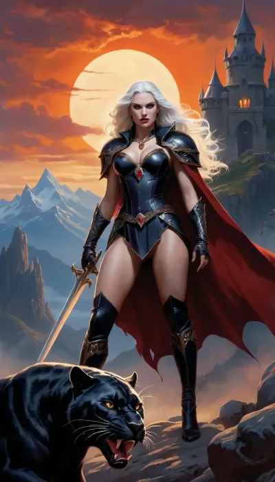 SUBJECT, A powerfully built, tall vampire lord Dracula with long dark hair, wearing opulent regal and victorian armor, and intricately crafted metal adornments including a ruby belt buckle and shoulder pauldrons, red cape flowing in the wind. He stands stoically, holding a bloodied dagger. Beside and over him, a scantily clad very tall giantess female vampire Carmilla with long white hair and pale white skin kneels, looming over castle and mountains, adorned with similar shiny jewelry. A menacing black panther with glowing eyes crouches behind the woman, its mouth open in a snarl. The foreground is littered with skulls and broken weapons.

ENVIRONMENT, A rugged, rocky outcrop overlooking a desolate, mountainous landscape. In the background, a dark, gothic castle with spires pierces the fiery sky. The atmosphere is epic and foreboding. A large, glowing, hazy sun or moon is visible on the horizon.

VISUAL STYLE, Hyperrealistic fantasy art, painted in a dramatic, painterly style reminiscent of Frank Frazetta and Boris Vallejo. The color palette is dominated by warm oranges, yellows, and deep reds of the sunset, contrasted with dark, moody blues and purples in the shadows and distant mountains. The lighting is dramatic, with strong chiaroscuro creating deep shadows and highlighting the muscular forms of the figures. The mood is heroic, fierce, and awe-inspiring. Wide shot with a slightly low angle, emphasizing the power and scale of the subjects. High detail, intricate textures, dramatic brushstrokes, cinematic lighting, epic fantasy illustration, 8k resolution, masterpiece., cinematic shot, dynamic lighting, 75mm, Technicolor, Panavision, cinemascope, sharp focus, fine details, 8k, HDR, realism, realistic, key visual, film still, cinematic color grading, depth of field., (giantess female:.6), Dark, Fantasy, page, <lora:Dark Fantasy:1.2>