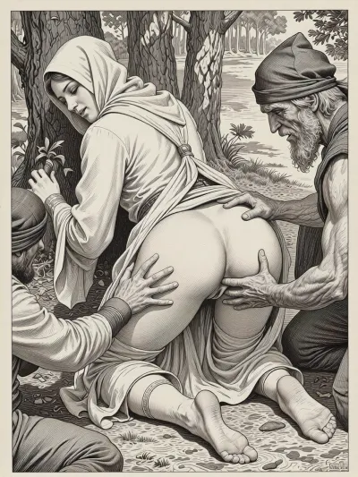 This is is a detailed monochromatic pencil drawing in a classical illustrative style depicts a scene set in 11th century, top view, in the middle of a sunny forest edge, a pious woman, in a loose robe of that era, with a hood on her head, 25 years old, wide hips, lying on her side on the ground, 5 old robbers tearing off the woman's clothes, lifting up her hem above the waist, and using their hands to touch her butt by fingers. her butt is visible, slutty smile, The overall mood is intense, rendered in fine, expressive line work and subtle shading, evoking the style of 1950s satirical or moralistic illustrations.