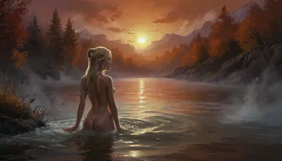 (Vex from Skyrim, naked, mature 30 year old, scandinavian, long blonde hair, very small breasts, skinny body), (bathing pose in a big lake, hands behind head, watery body, breasts not visible, autumn, orange sunset), (close back view above waist, looking away face not visible), (artwork, digital painting, fantasy art, loading screen art style), <lora:SumTim:.1>, <lora:J_cartoon:.1>, <lora:Sinister_Style_SDXL:.1>, <lora:EnvyAnimeDigitalPaintingXL01:.1>