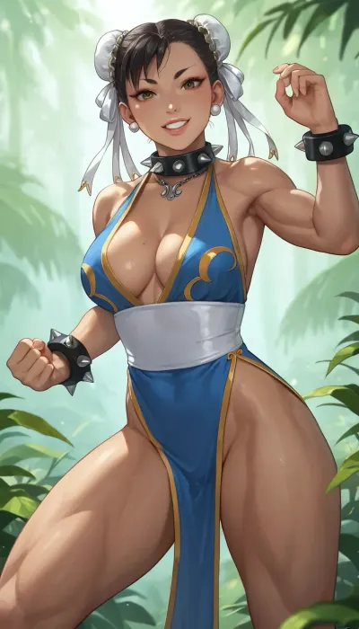 A close-up portrait of Chun Li from calfs up against a backdrop of lush green plains with acient destroyed wall visible in distance under natural lighting conditions during sunset time with warm hues filling up sky, Chun Li is wearing her traditional geisha clothing is adorning long black hair cascading down shoulders framing dark skin tone while full lips parted slightly revealing white teeth as she looks up towards someone off camera with eyes sparkling with joy, traditional geisha face-paint decorating forehead adding contrast against dark complexion, wearing geish-style and spiked-leathercollar around neck holding martial pendant, hands form fists up in offensive fighting stance, body positioned slightly sideways facing camera showing off slender figure with slight feminine curves, swell of her cleavage AND very long muscular legs on her tall tall bodyshape, intricate details visible on face including wrinkles around eyes indicating happy nature, ultra realistic texture visible on skin under 8k UHD resolution, shallow depth of field used for isolating subject from background creating intimate atmosphere, Chun-Li, <lora:chun li:.8>